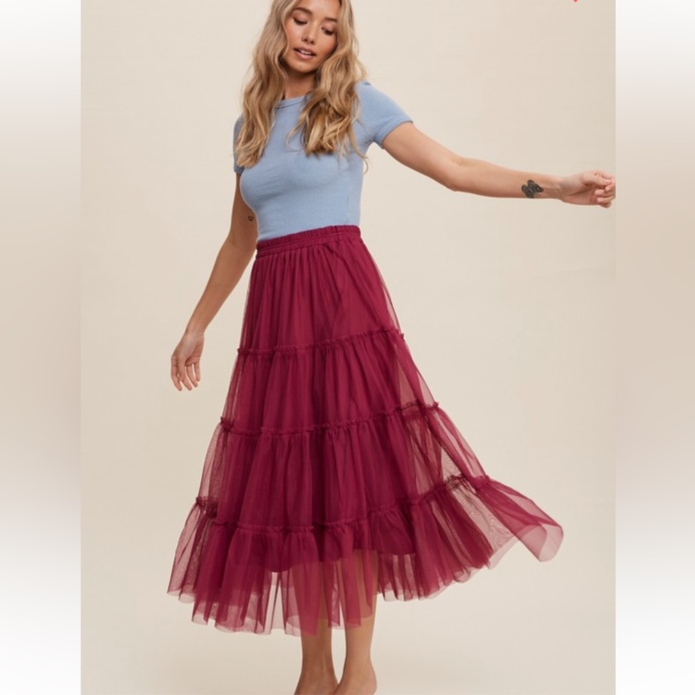 Flouncy Tiered Mesh Skirt in Maroon Berry - Picture 4 of 17